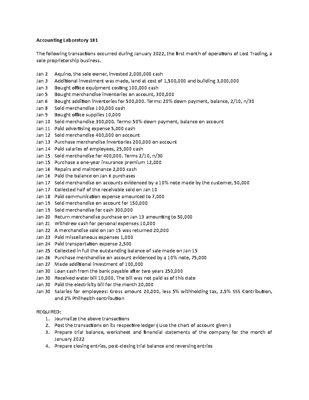 AccountingLaboratory101 for Merchandising Business First year