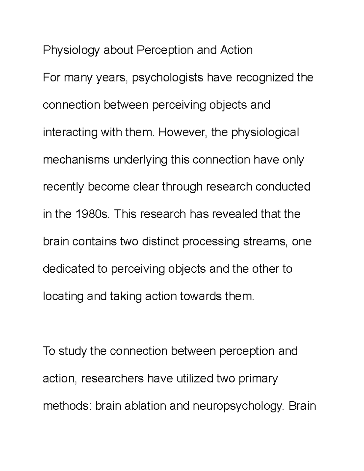 Physiology About Perception And Action - However, The Physiological ...