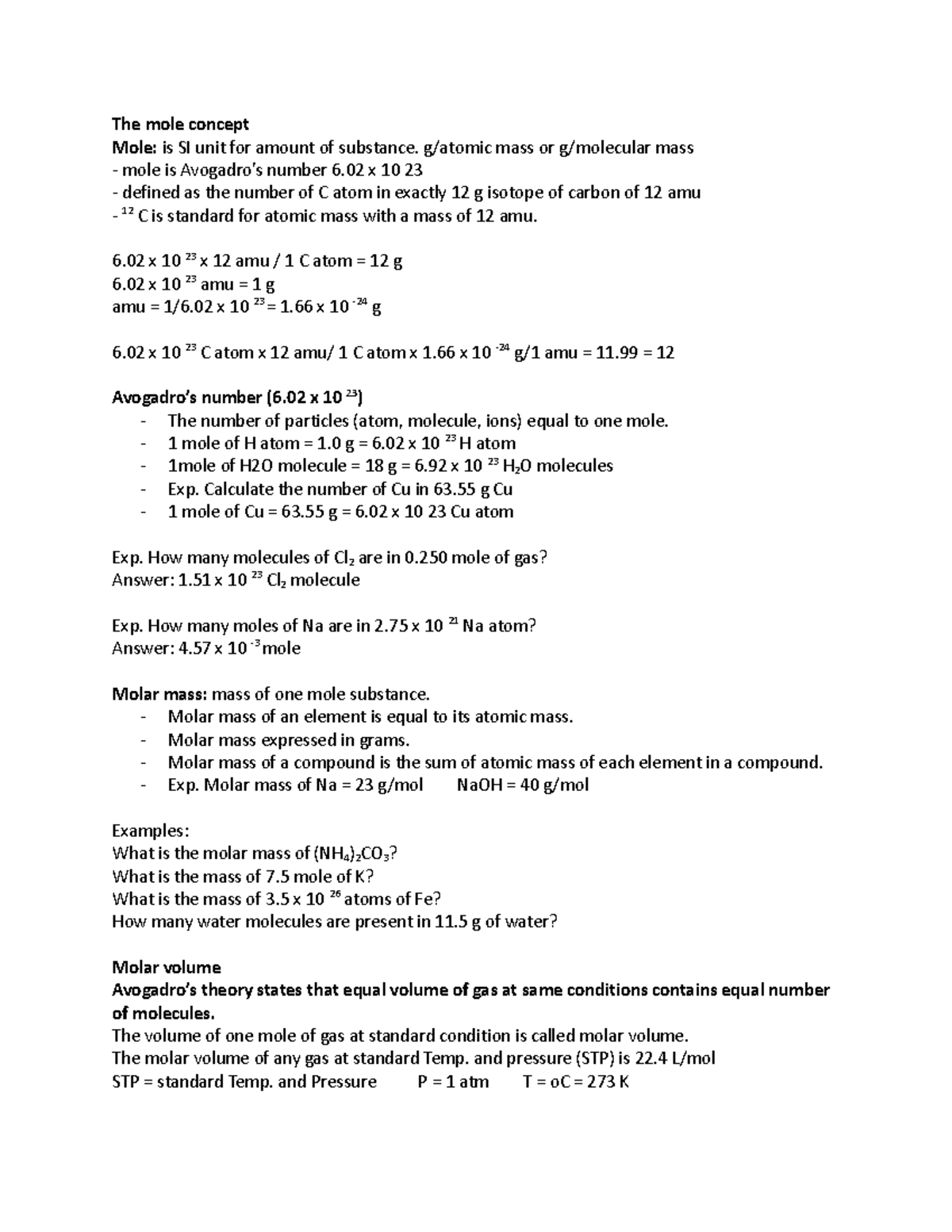 Lecture note- chapter 8- chem. 1305 - The mole concept Mole: is SI unit ...