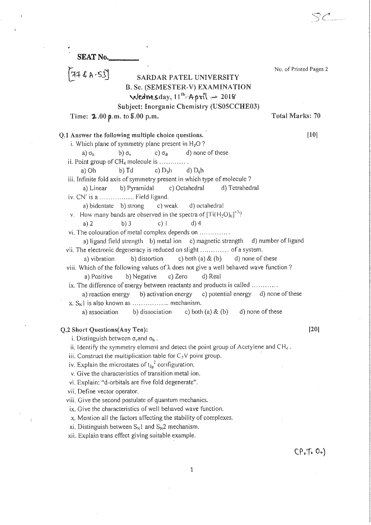 Us05cche03- Inorganic Chemistry - B.tech Cse - Studocu