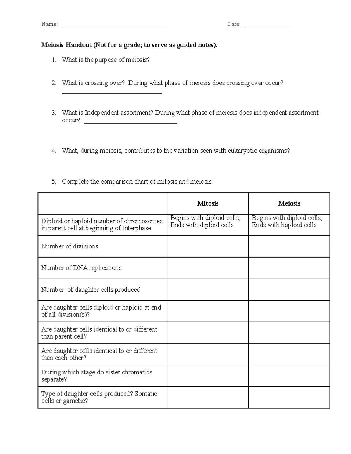 Meiosis Handout - Exam 4 - Name: _________________________________ Date ...