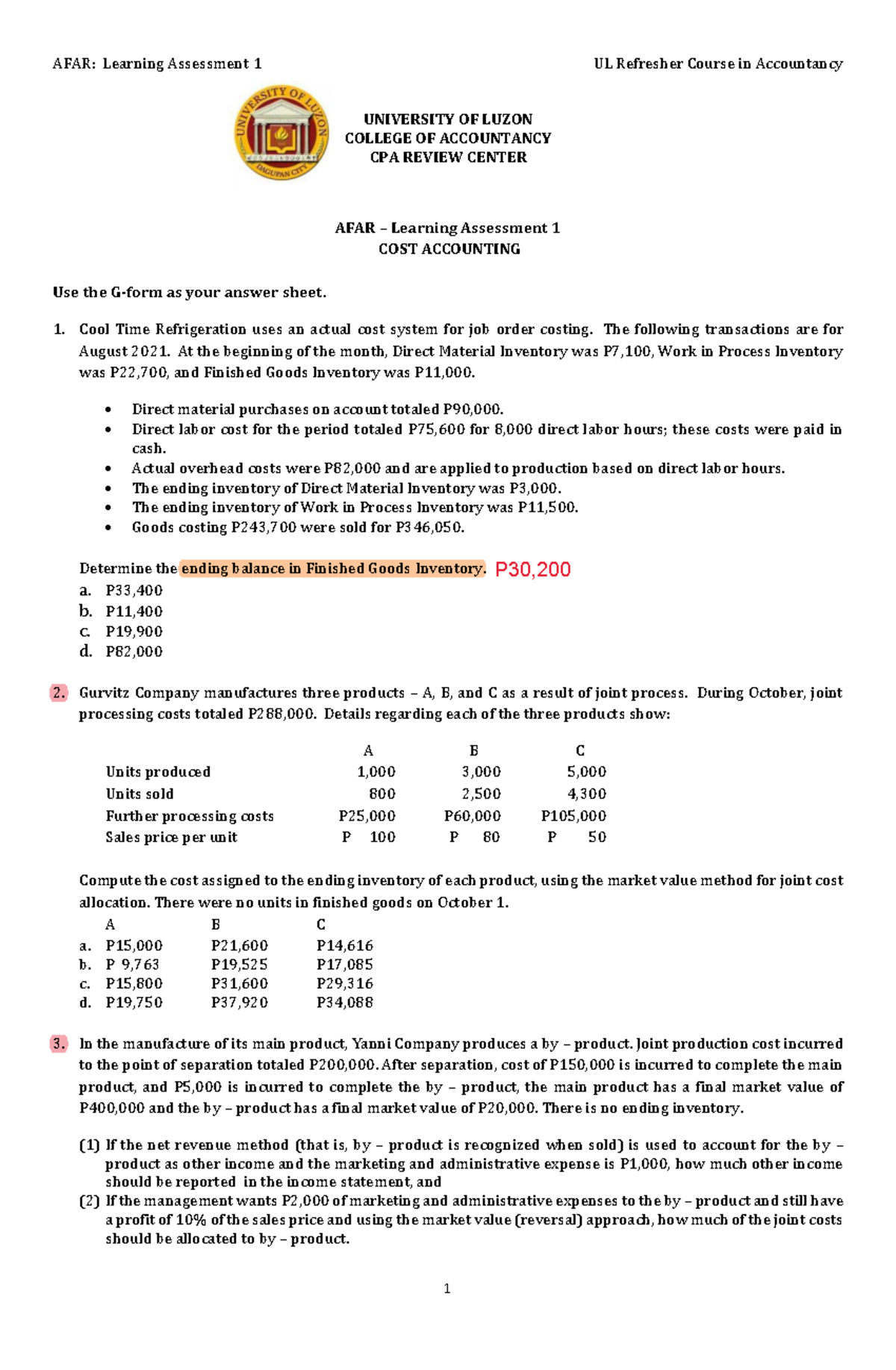 UL AFAR Assessment 1 UNIVERSITY OF LUZON COLLEGE OF ACCOUNTANCY CPA