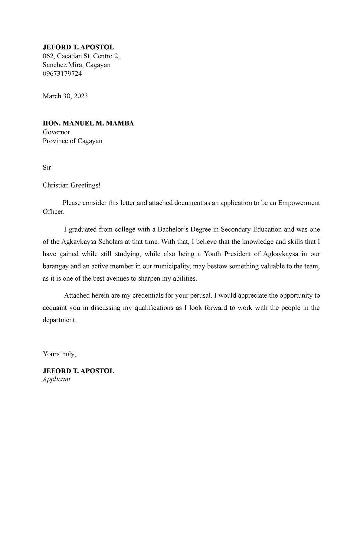 Application Letter - JEFORD T. APOSTOL 062, Cacatian St. Centro 2 ...