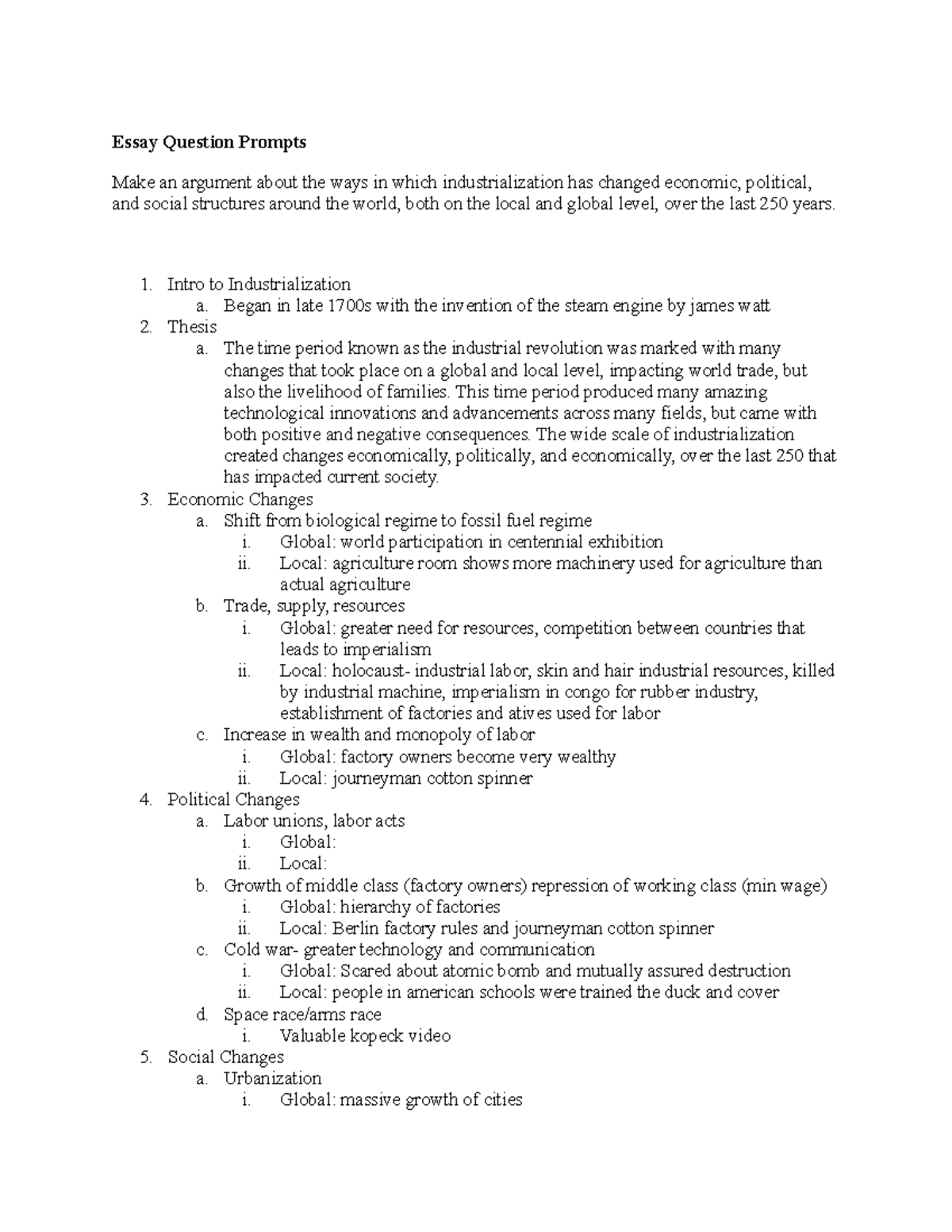 History final outline - Dr. Close - Essay Question Prompts Make an ...