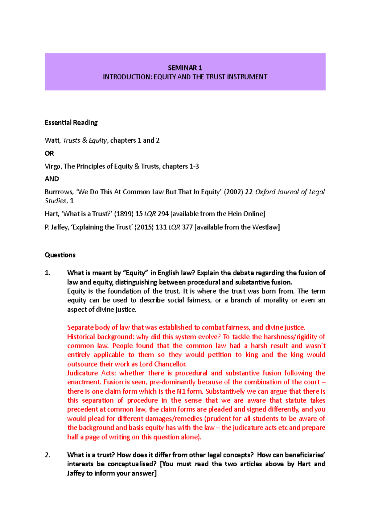 S1- Trusts & Equity - SEMINAR 1 INTRODUCTION: EQUITY AND THE TRUST ...