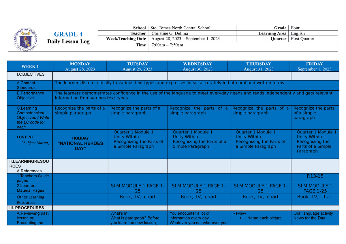 DLL 1st q week 1 Dll Grade 4 GRADE 4 Daily Lesson Log School Sto