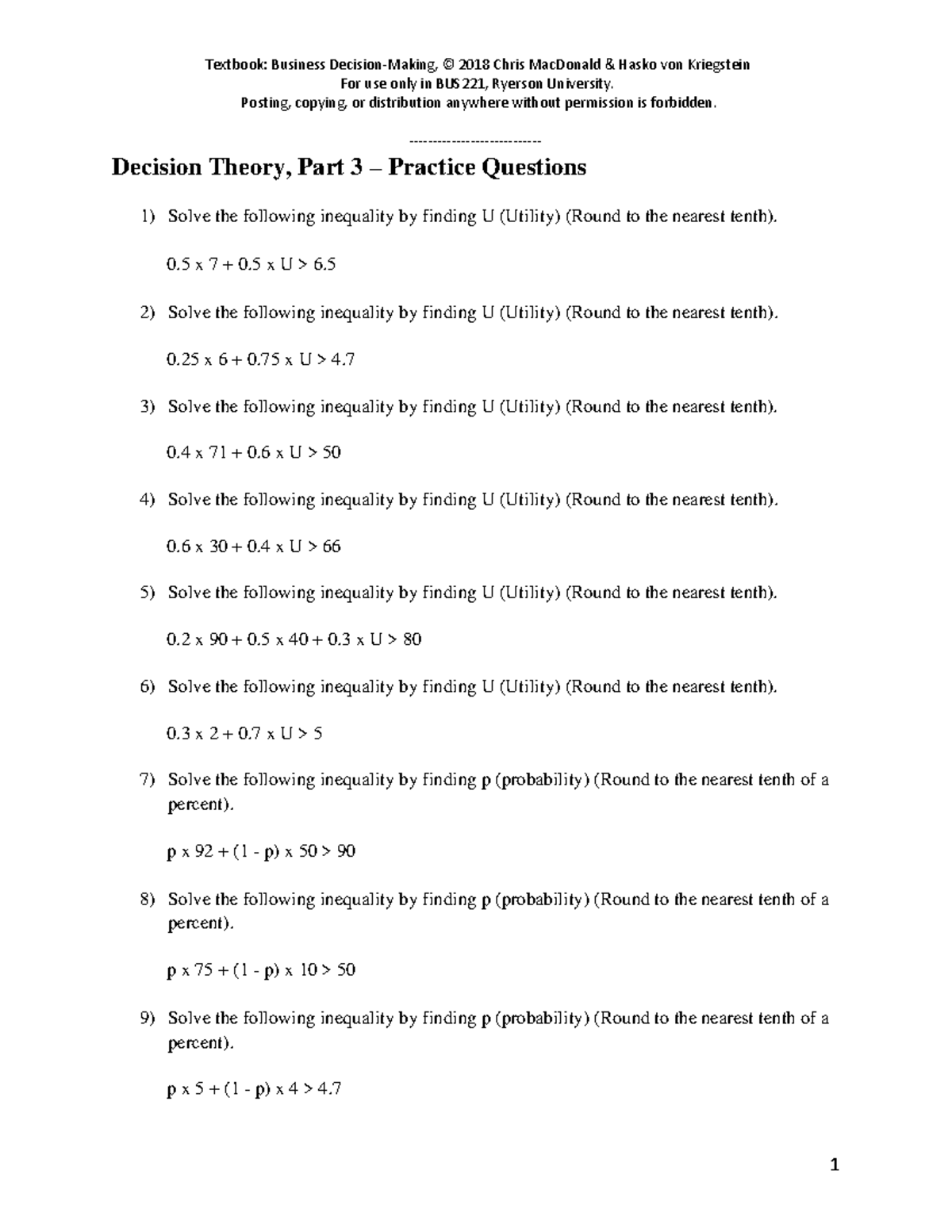 Decision Theory 3 Question and Answer - For use only in BUS221, Ryerson ...