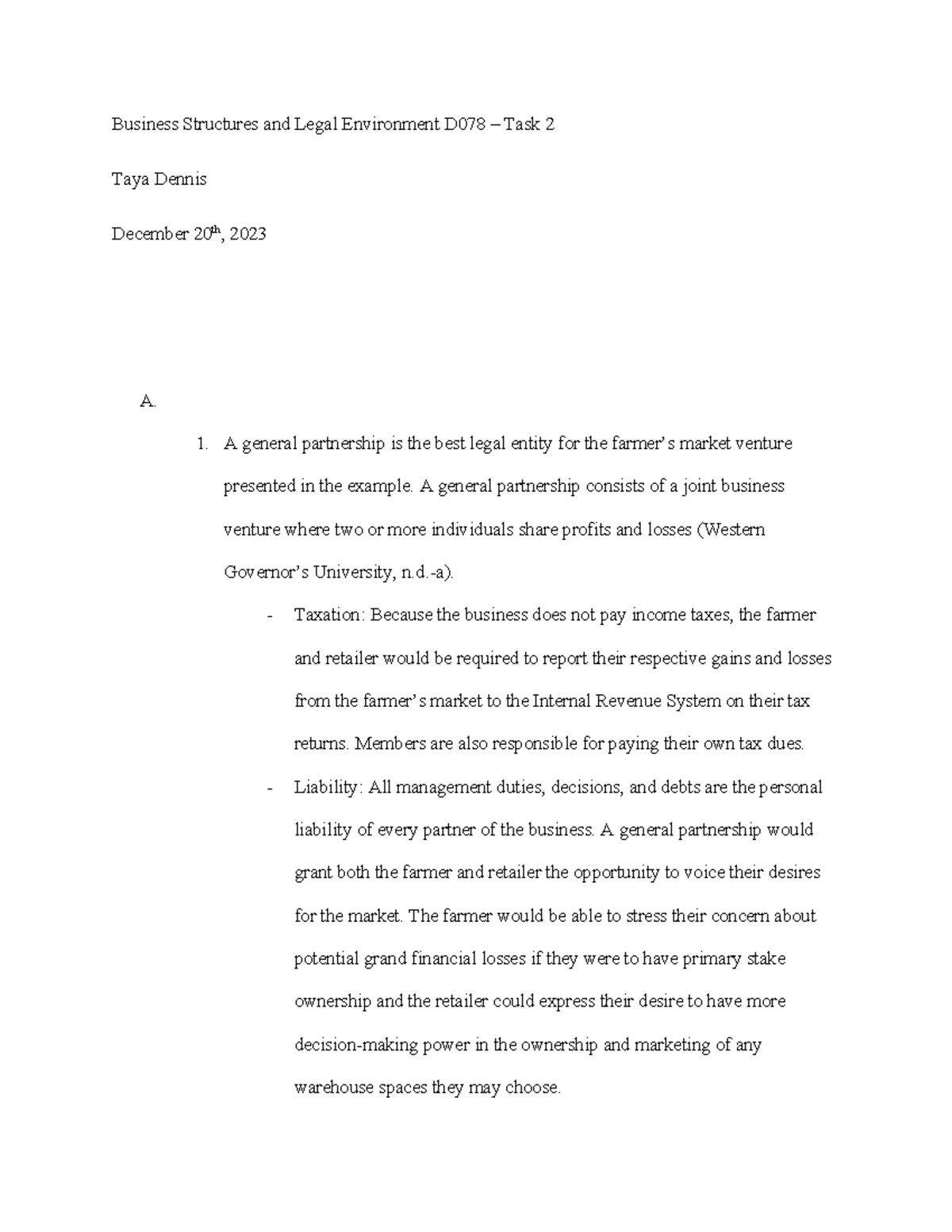 D078 Submission - Task 2 - Business Structures and Legal Environment ...