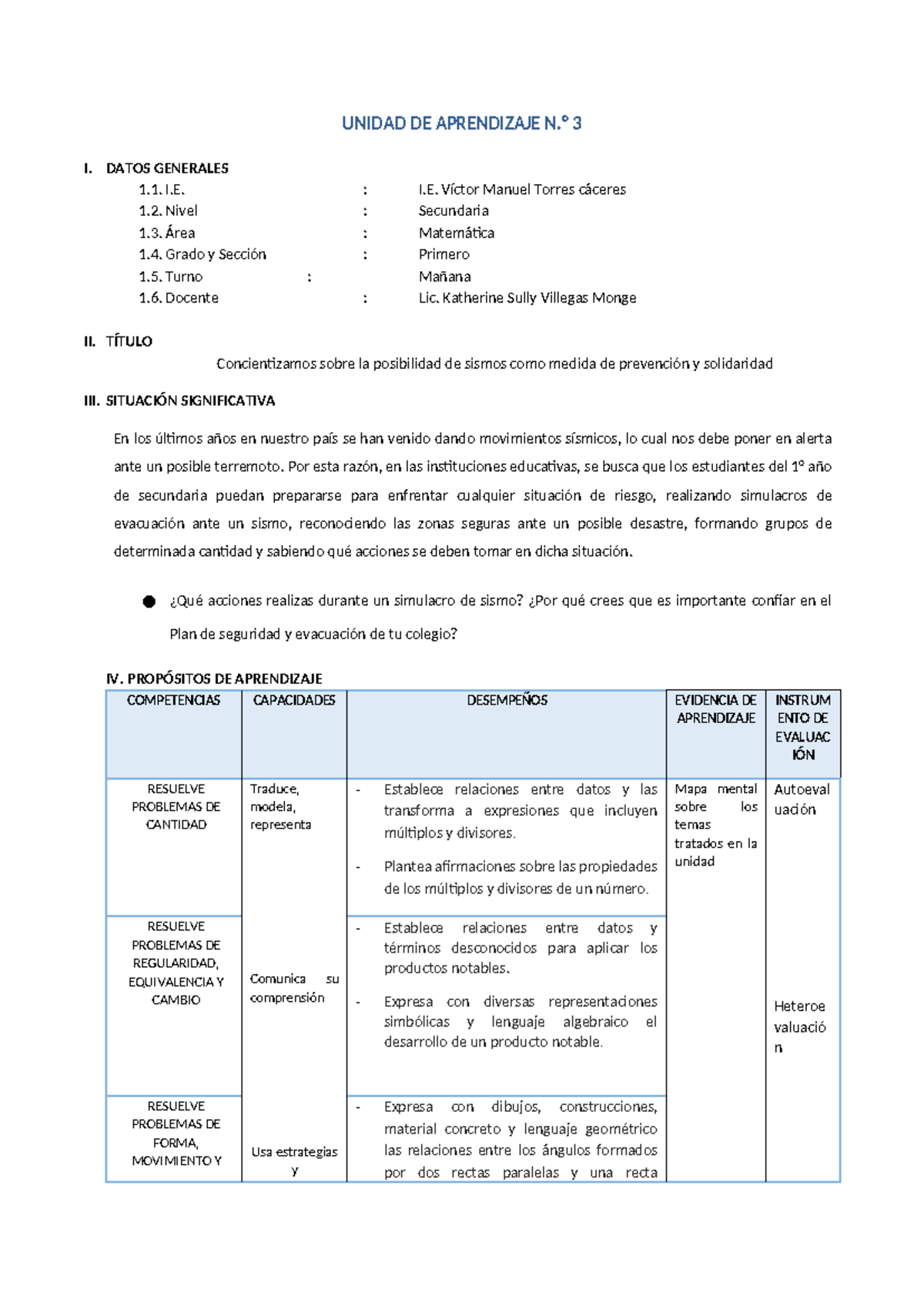U3 - 1 SEC - hacer - UNIDAD DE APRENDIZAJE N.° 3 I. DATOS GENERALES 1 ...