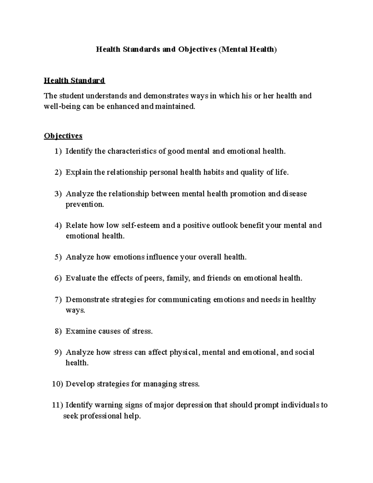 Health Standards and Objectives (Mental Health) Objectives 1