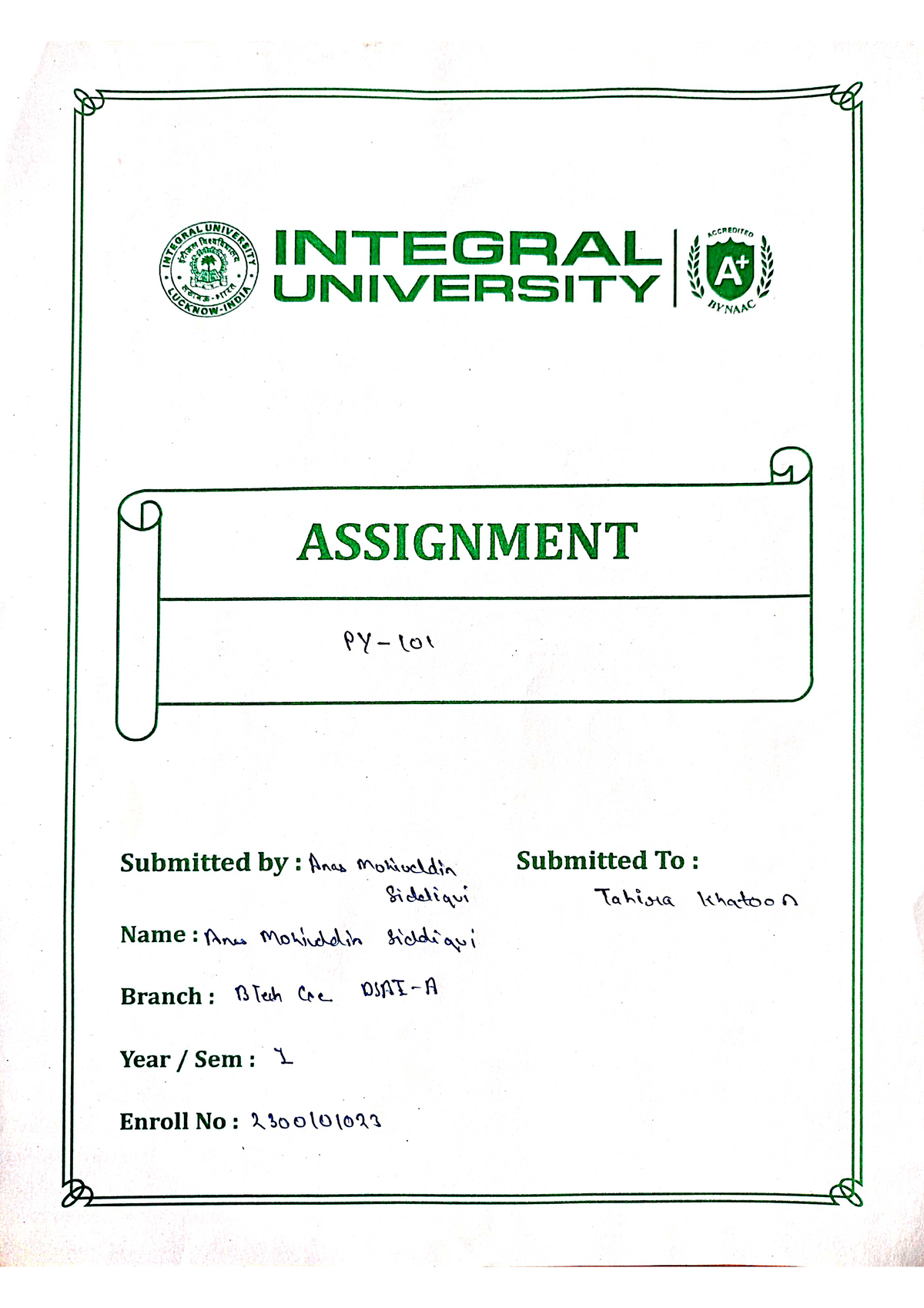 assignment front page of integral university