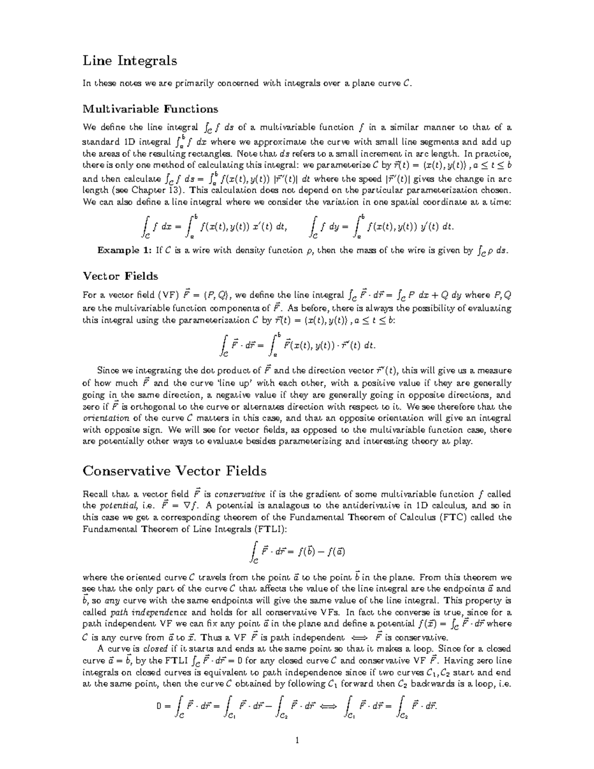 Line Integrals And Curl - Line Integrals In These Notes We Are ...