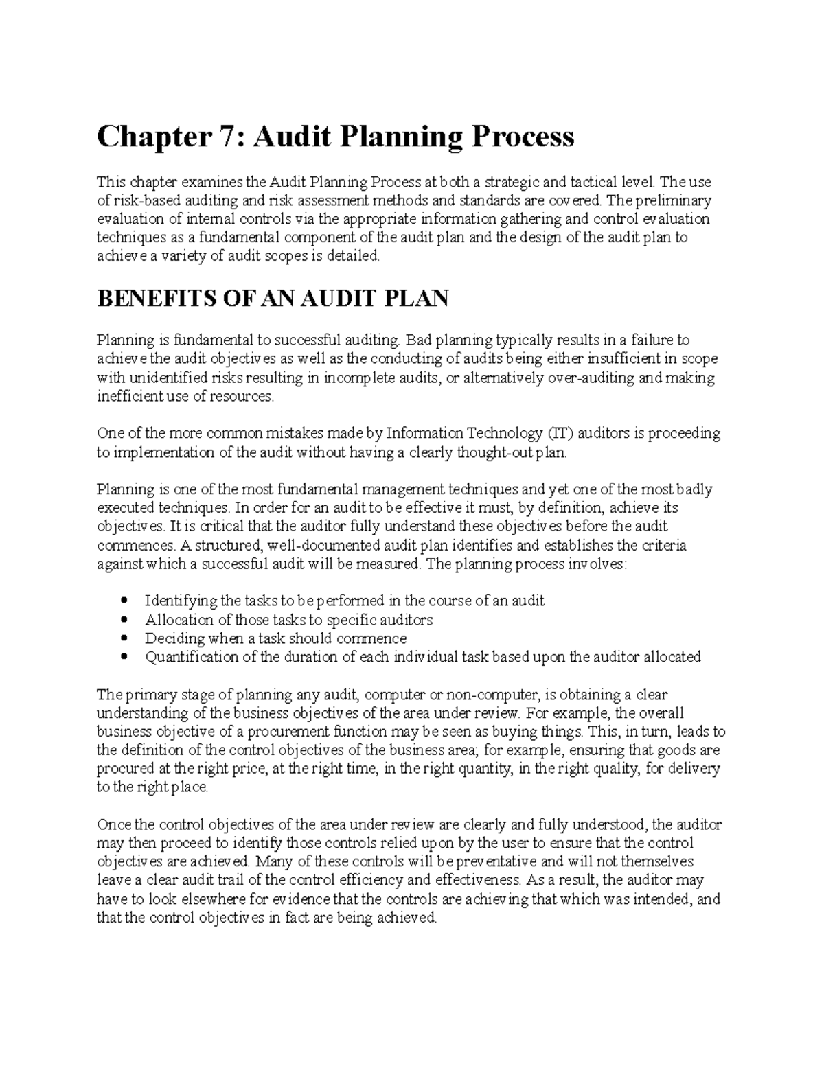 IS Audit Process - Lecture Notes 2 - Chapter 7: Audit Planning Process ...