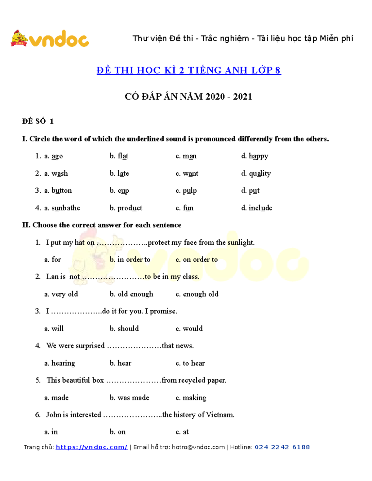 50 de thi hoc ky 2 mon tieng anh lop 8 - ĐỀ THI HỌC KÌ 2 TIẾNG ANH LỚP ...