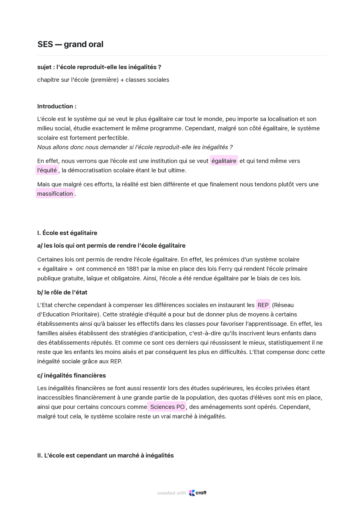 SES — grand oral  SES — grand oral sujet  l'école reproduitelle les