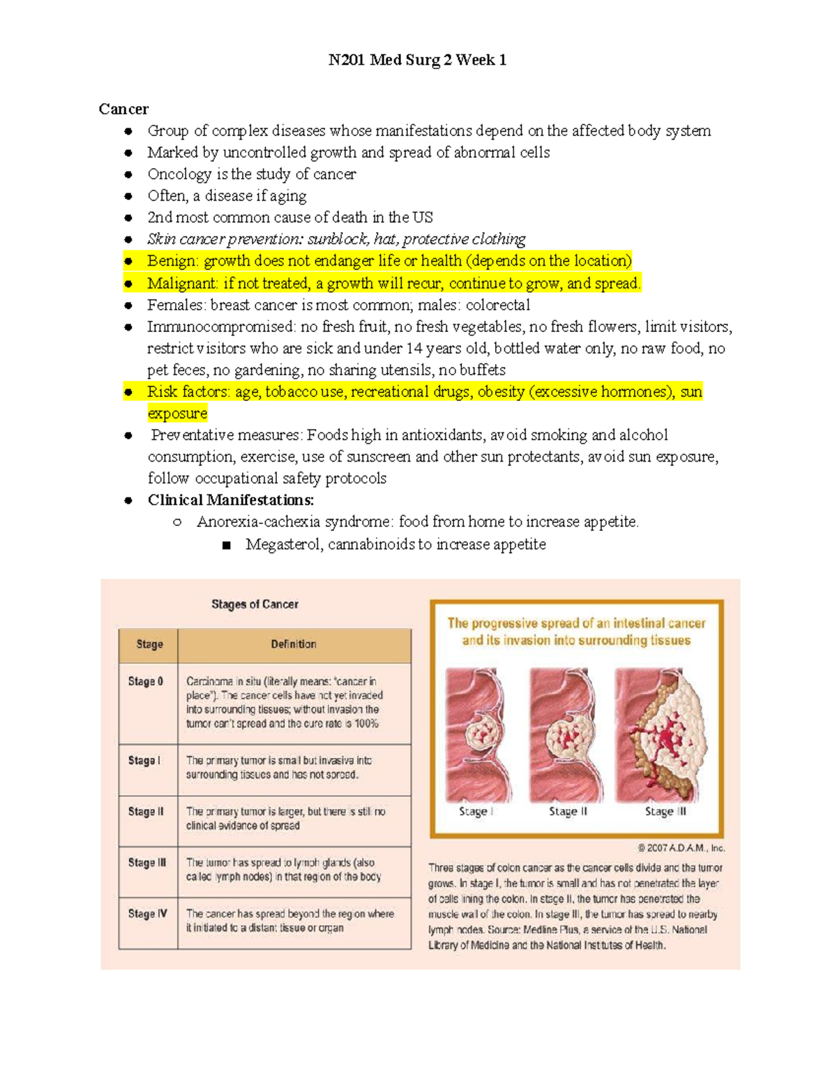 N201 Med Surg In class notes - Cancer Group of complex diseases whose ...