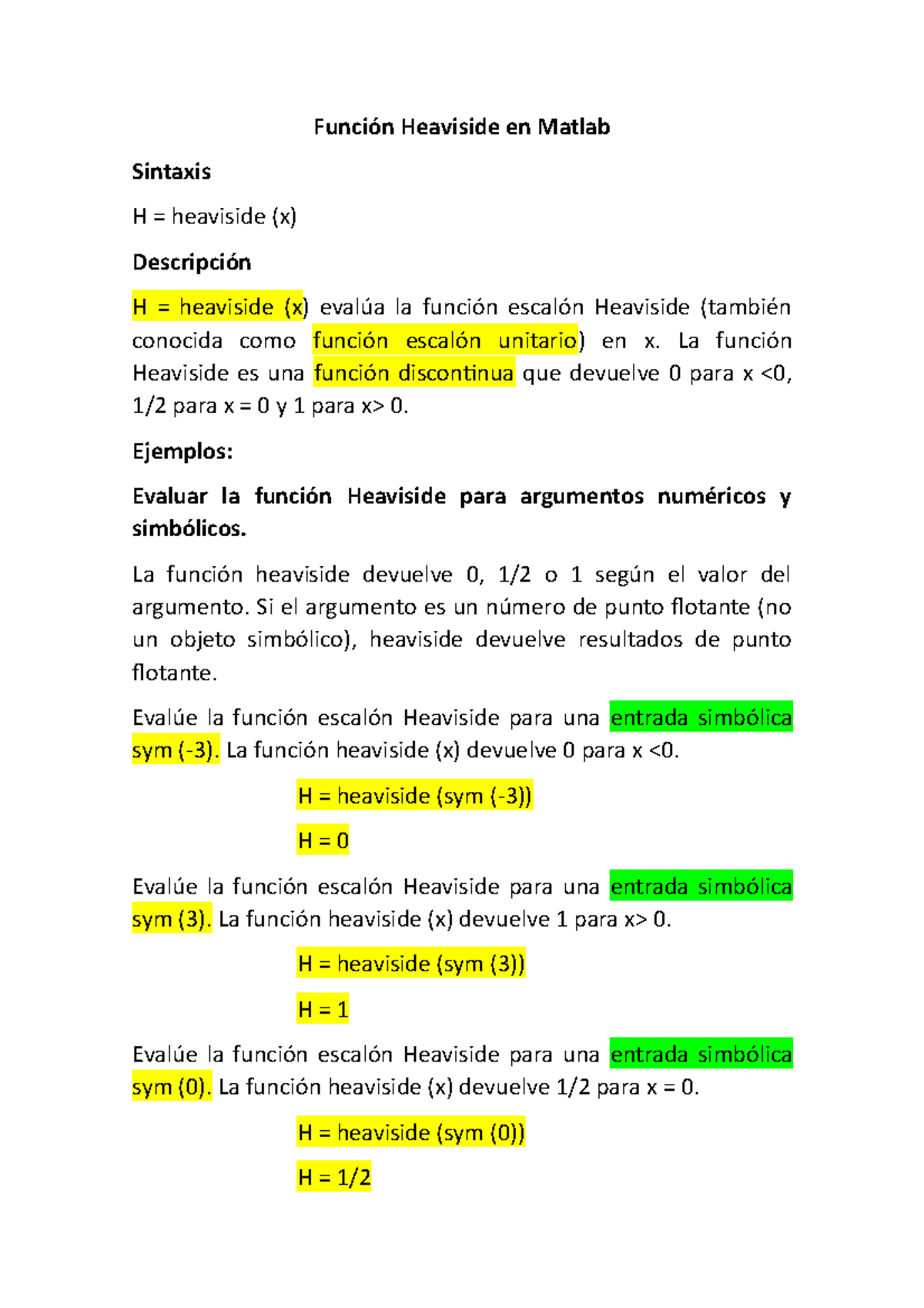 Función Heaviside en Matlab - Función Heaviside en Matlab Sintaxis H ...