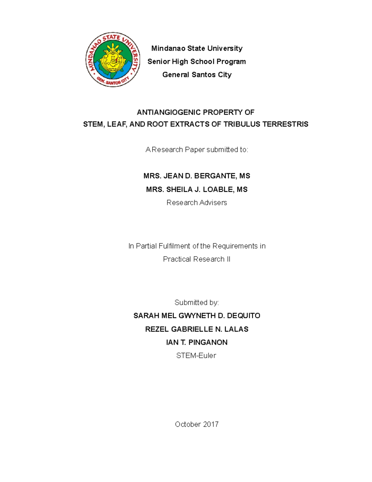 Chapter I Grade 12 Mindanao State University Senior High School 