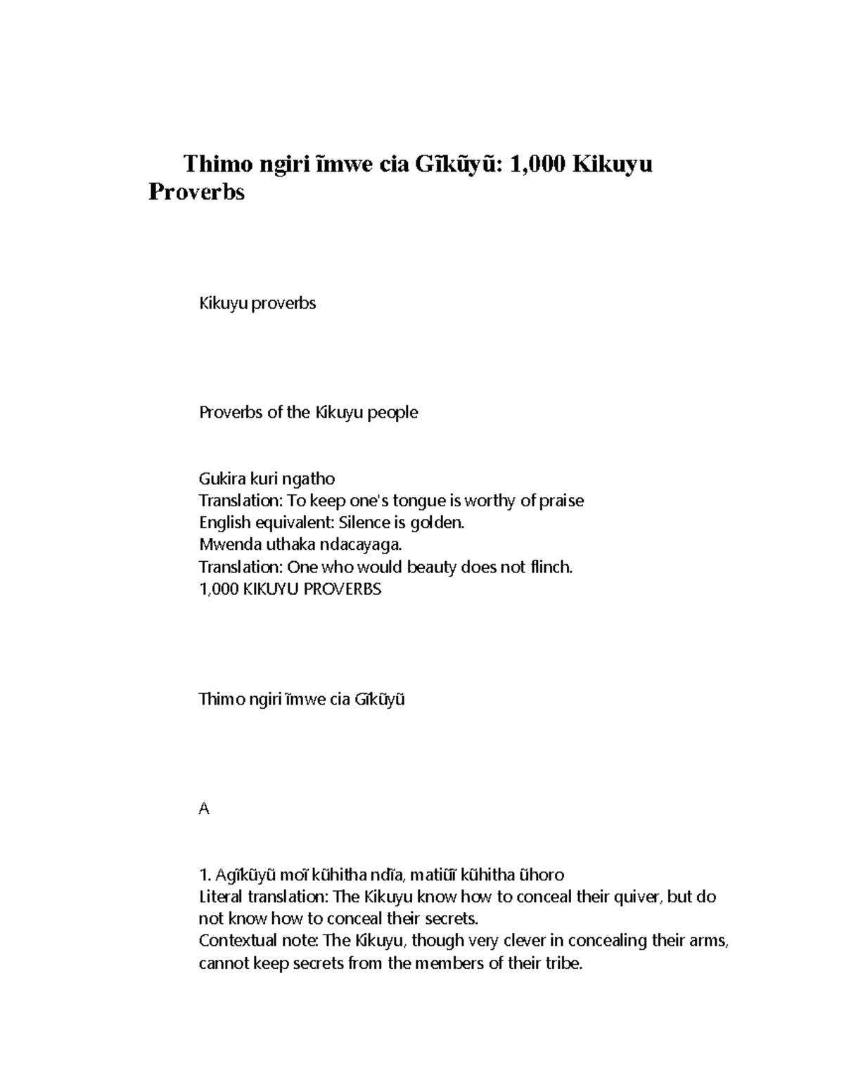1,000 Kikuyu Proverbs Language Thimo ngiri ĩmwe cia Gĩkũyũ 1,000
