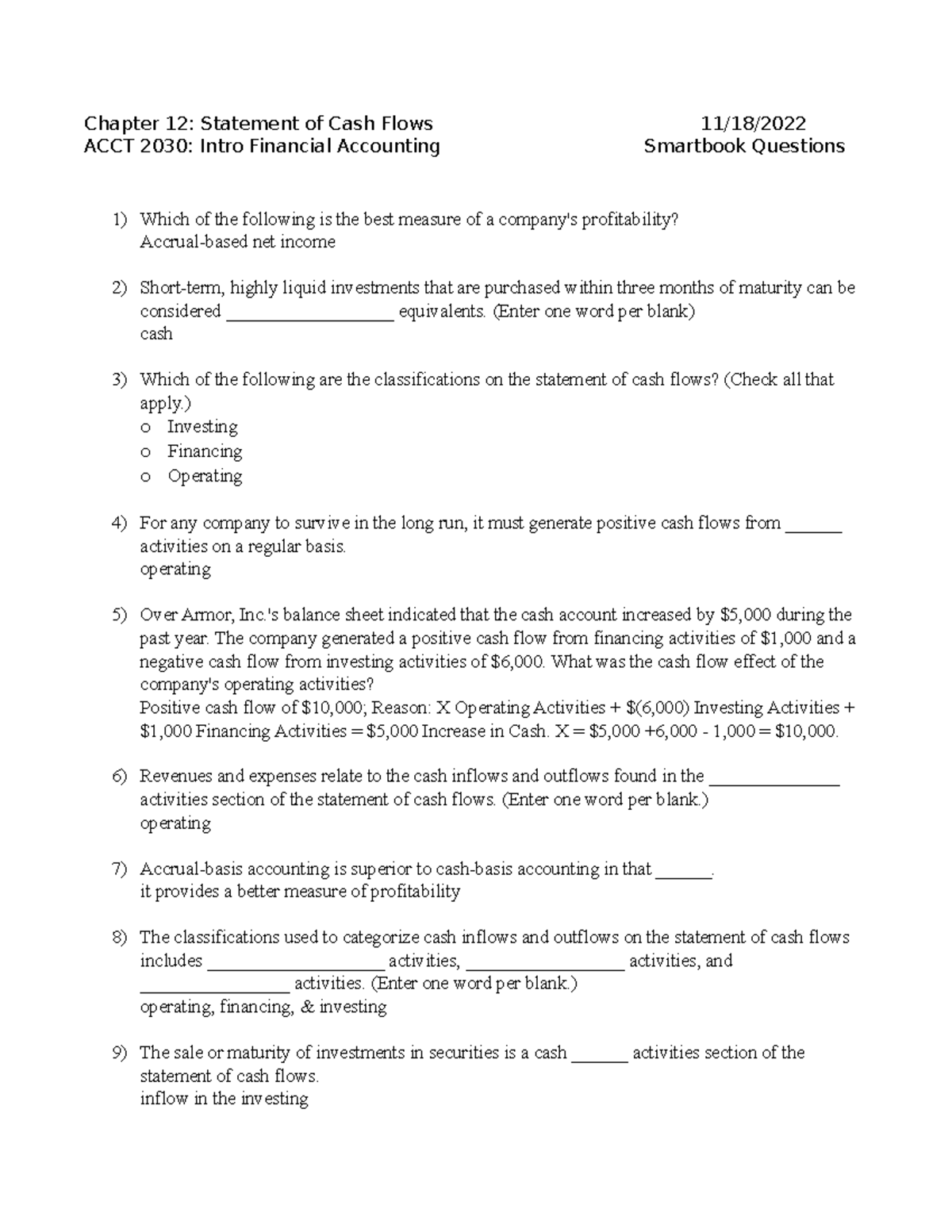 Chapter 12 Statement Of Cash Flows Questions And Answers Chapter 12