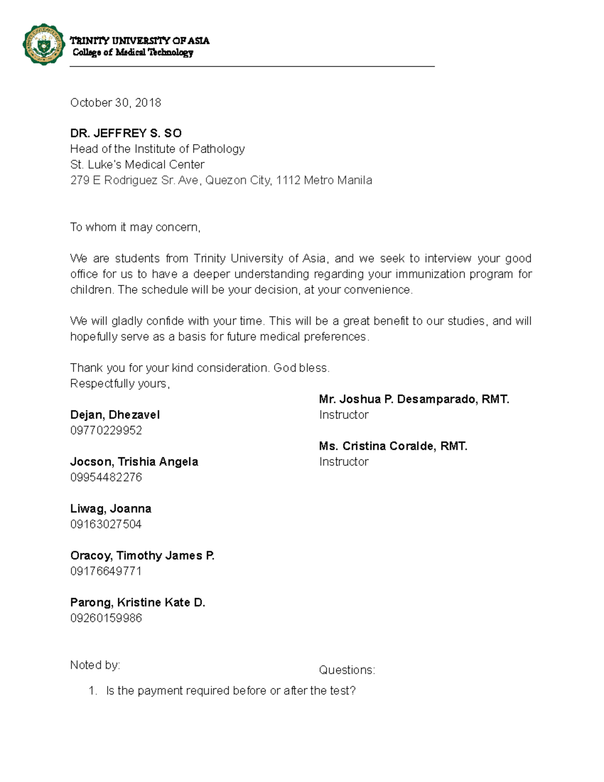 Letter of Rural Health Center - TRINITY UNIVERSITY OF ASIA College of ...