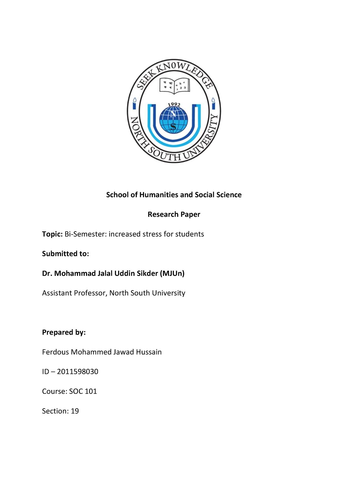 Bi Semester Research Paper School Of Humanities And Social Science 