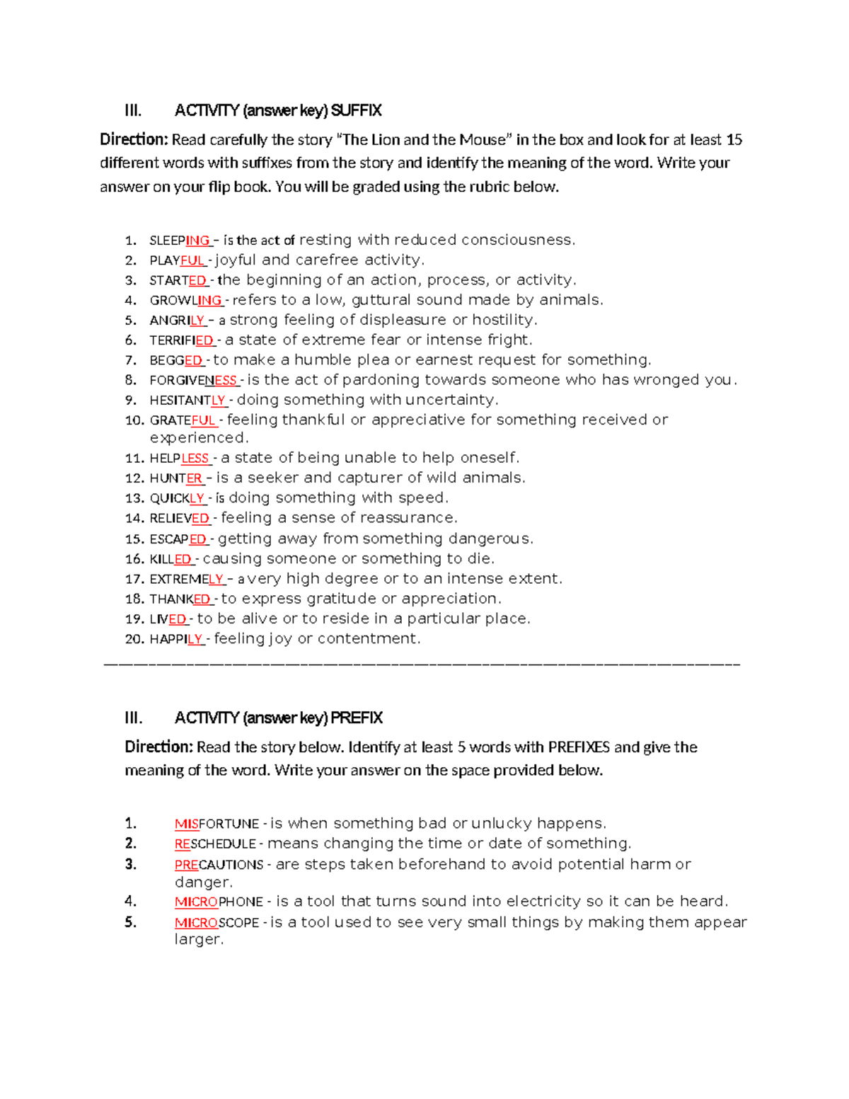 ALS LS1 Suffix - drafts - III. ACTIVITY (answer key) SUFFIX Direction ...