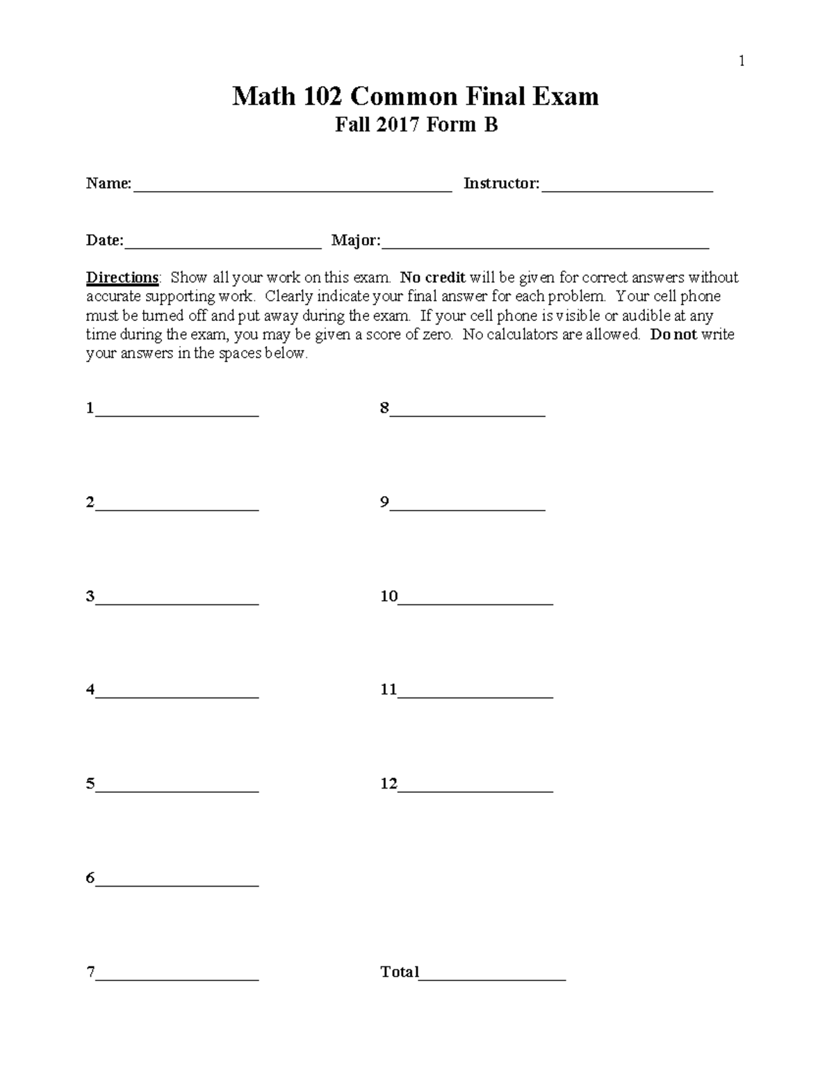 Math 102 Fall 2020 final Exam - Math 102 Common Final Exam Fall 2017 ...