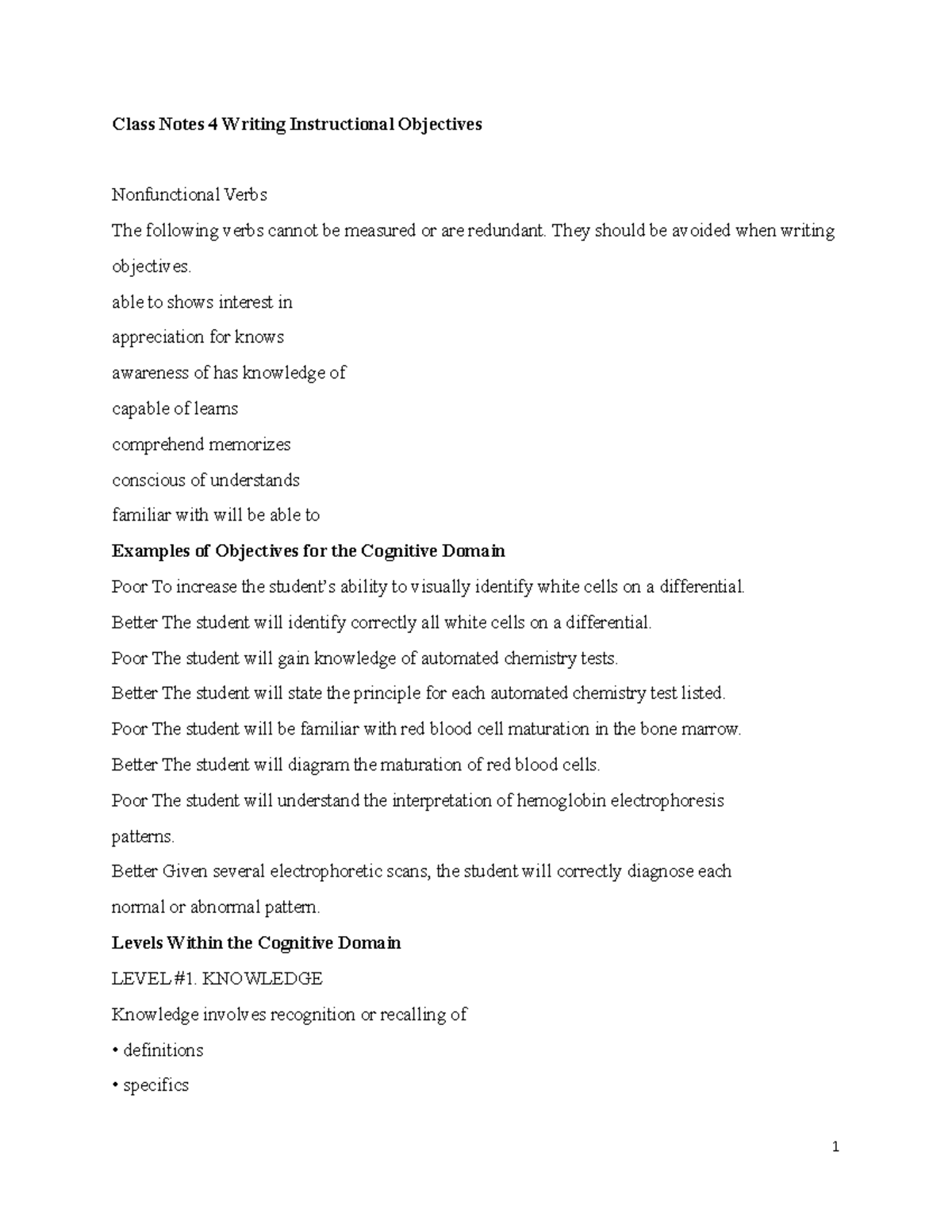 Class Notes 4 HTH 4953 Writing Instructional Objectives - Class Notes 4 ...