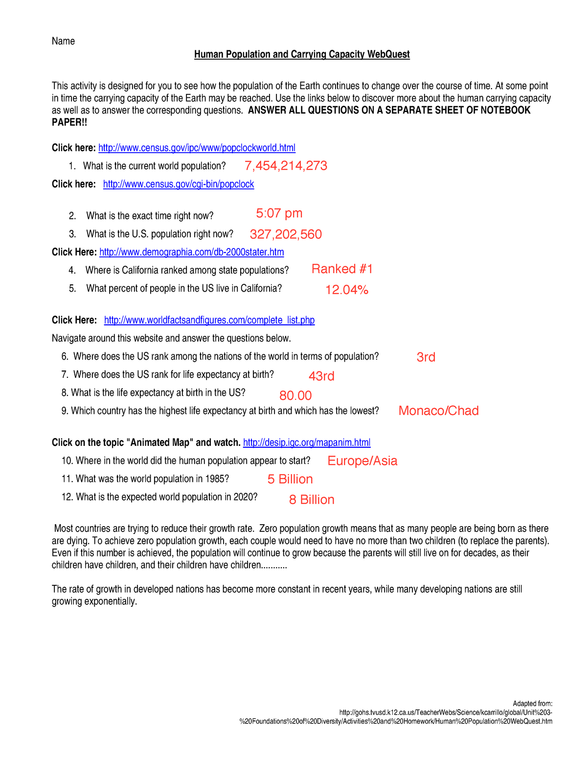 Population Growth Worksheet Answers