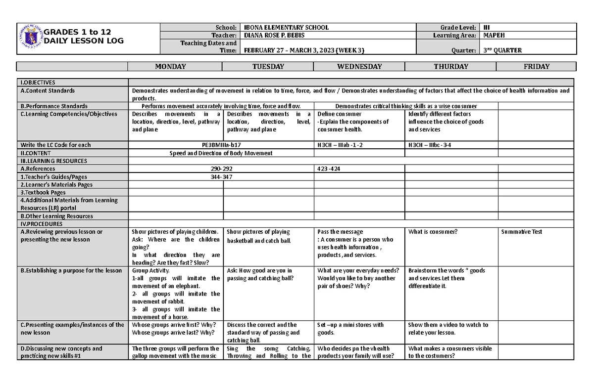 DLL Mapeh 3 Q3 W3 - so interesting - GRADES 1 to 12 DAILY LESSON LOG ...