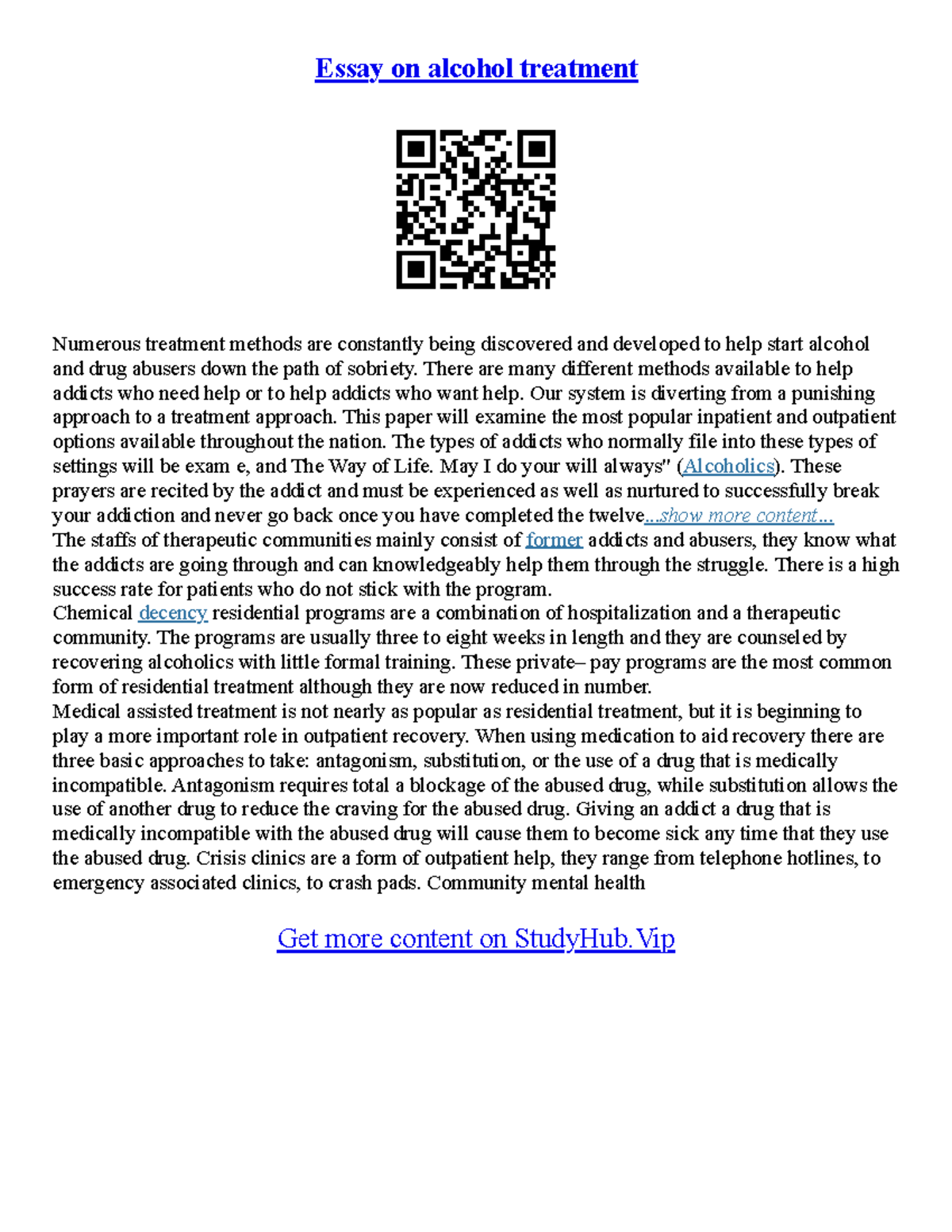 Essays On Alcoholism Essay on alcohol treatment Numerous treatment