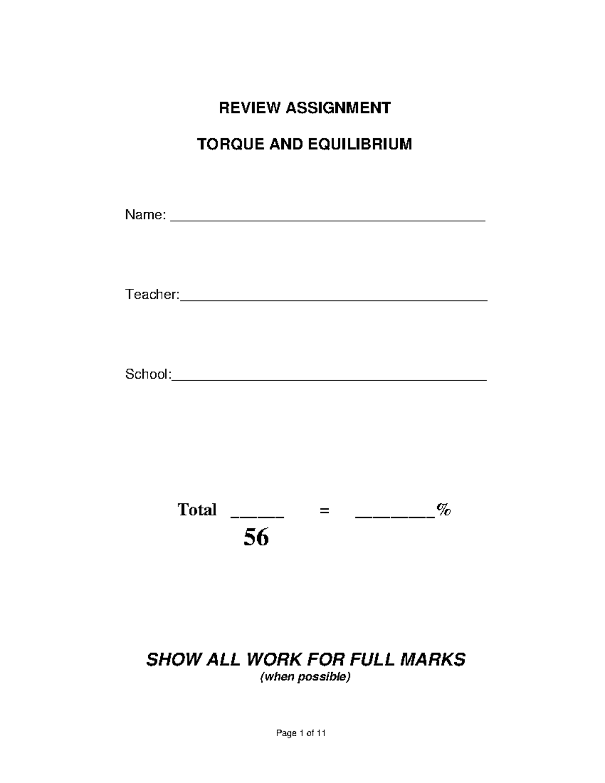 2 - Torque and Equilibrium - Review Assignment - REVIEW ASSIGNMENT ...