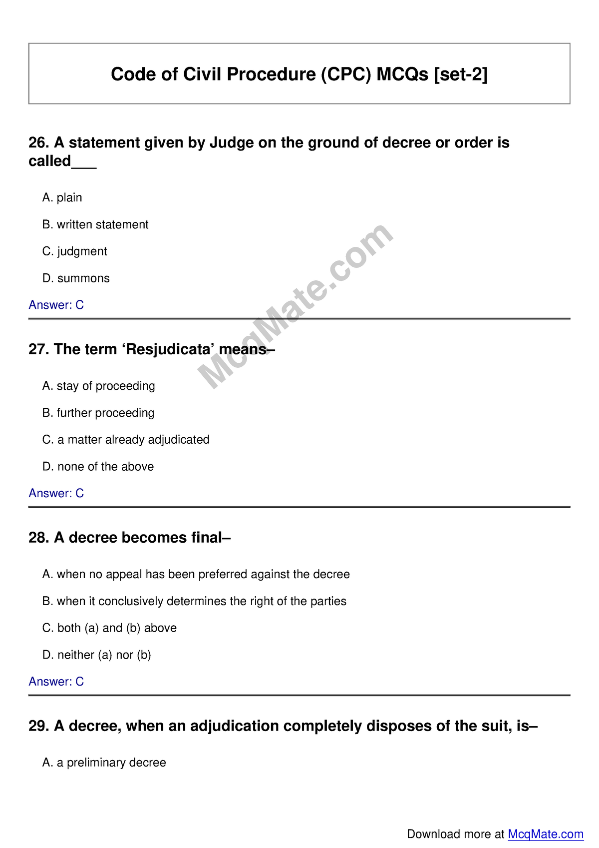 Code of Civil Procedure (CPC) Solved MCQs Code of Civil Procedure