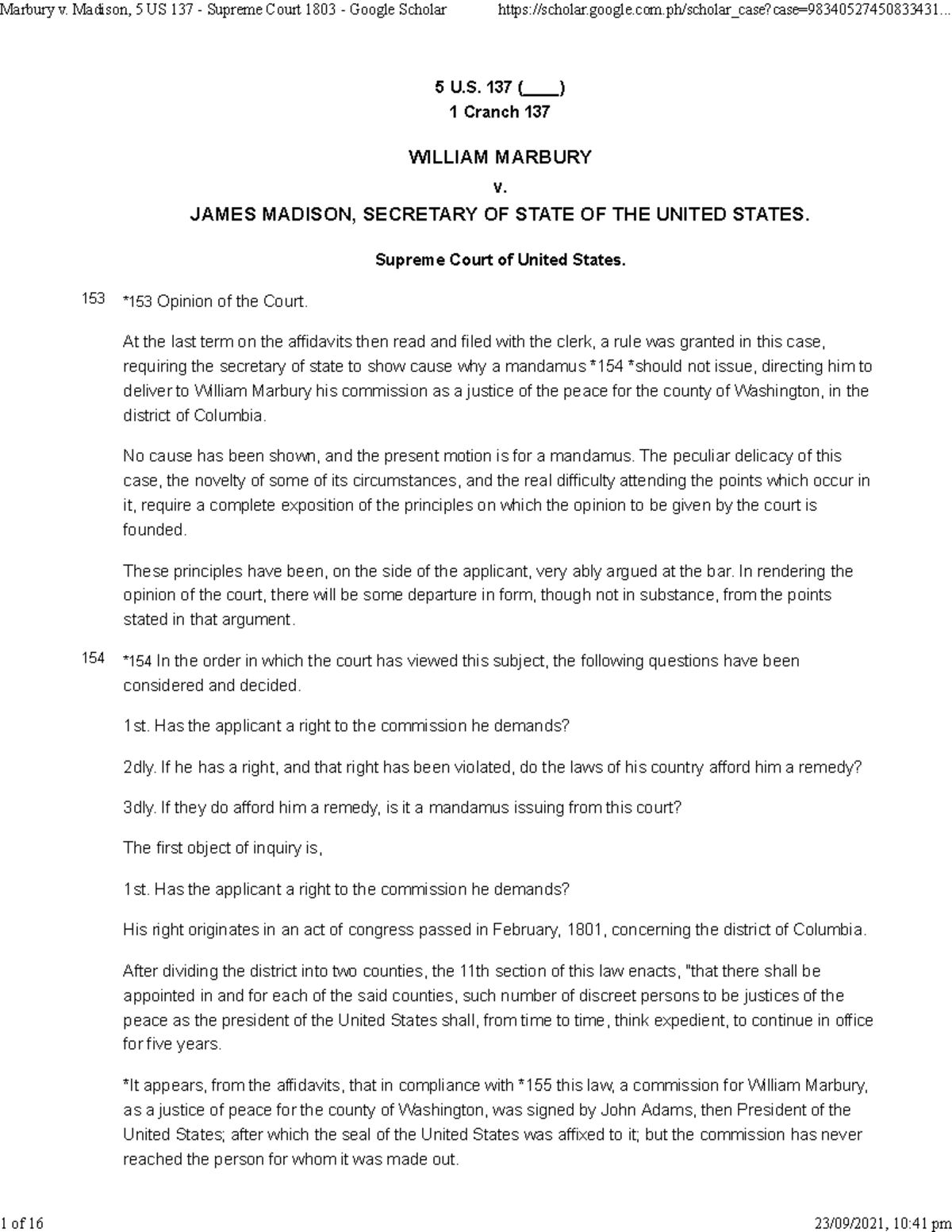 1 Marbury v. Madison (1803) 5 U. 137 (____) 1 Cranch 137 WILLIAM