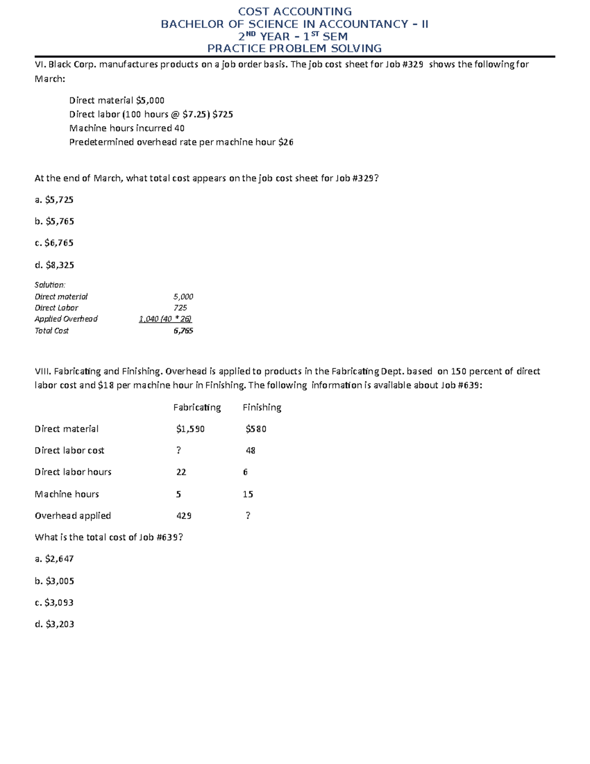 Problem VII ad VIII Cost Accounting Practice problems COST ACCOUNTING