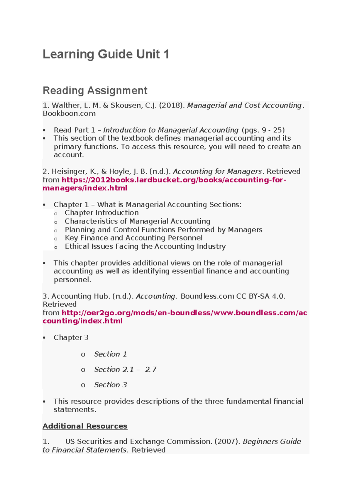 Dicussion Week1- Managerial Accounting - Learning Guide Unit 1 Reading ...