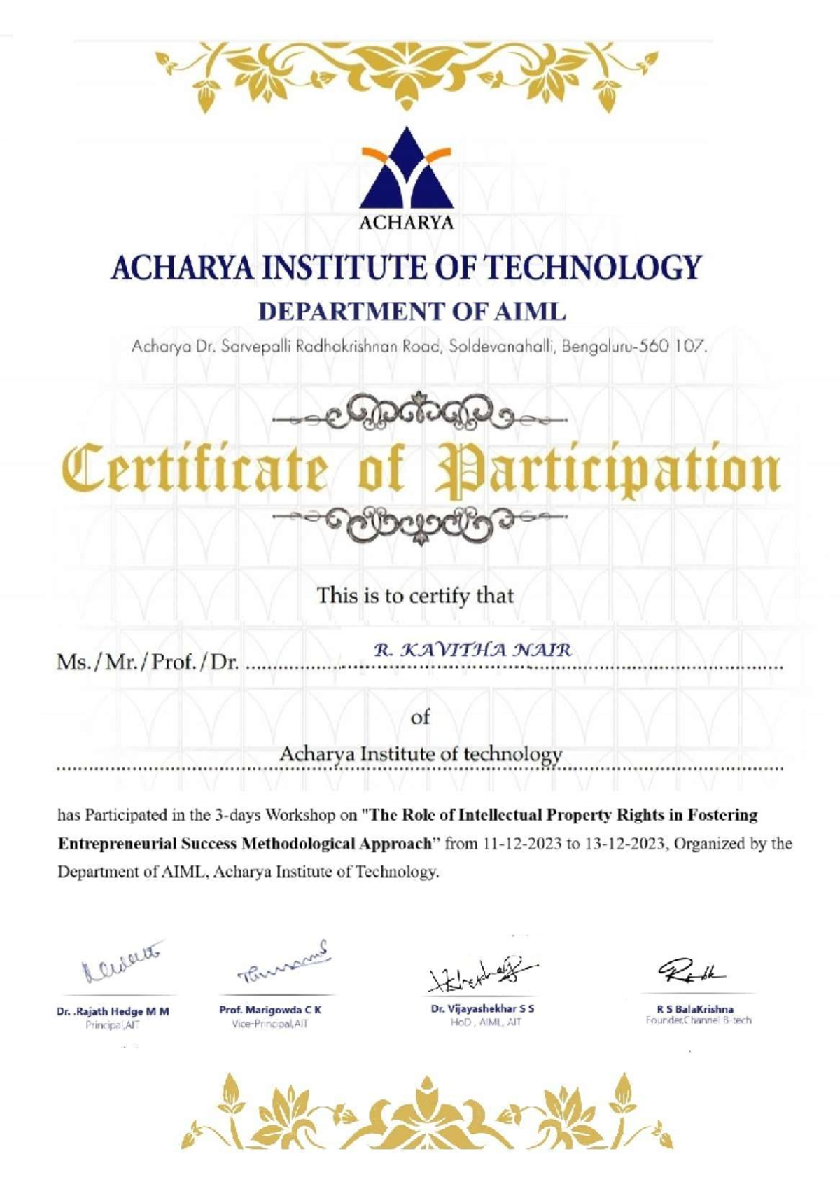 Sample Certificate Workshop 6 Acharya Acharya Institute Of Technology Department Of Aiml 7035