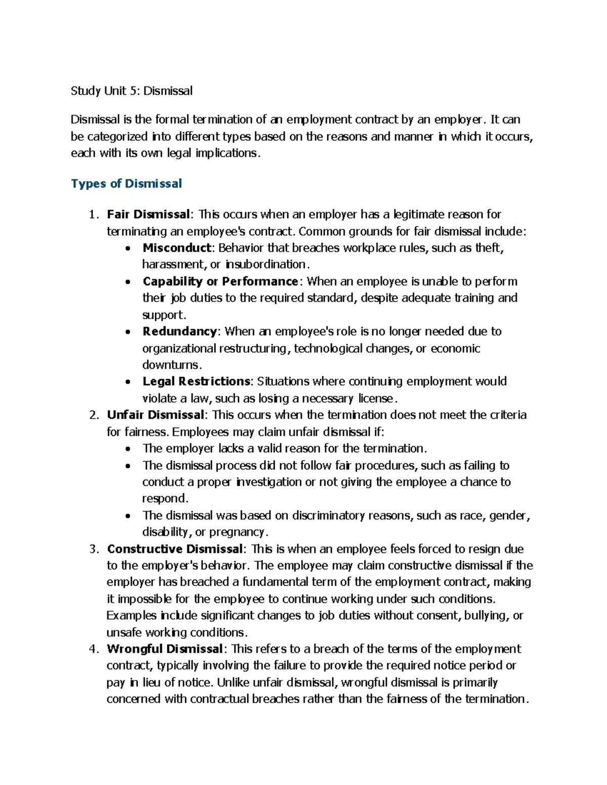 Dismissal - Study Unit 5: Dismissal Dismissal is the formal termination ...