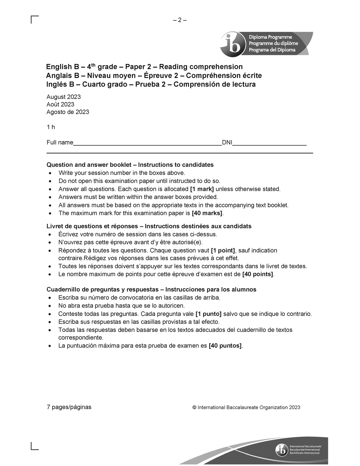 MOCK 4TO 2023 Question Booklet 2 - English B – 4 Anglais B – Niveau ...