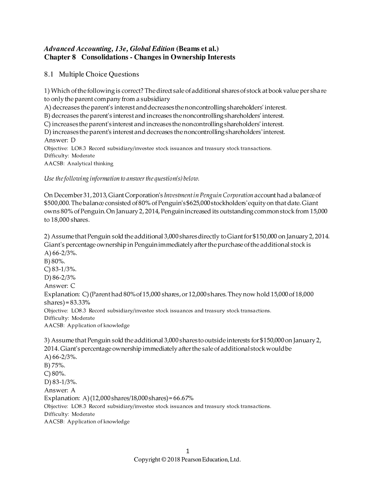 Test Bank Chapter 8 - Test Bank - 1 Advanced Accounting, 13e, Global ...