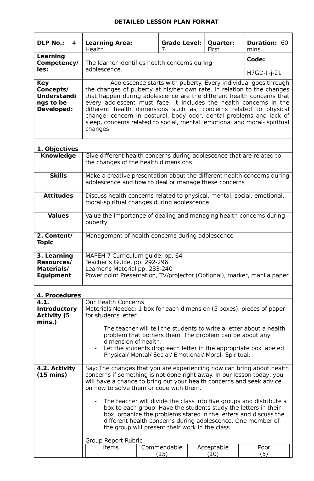 27 Health Dlp - DLP MAPEH 7 - DETAILED LESSON PLAN FORMAT DLP No.: 4 ...