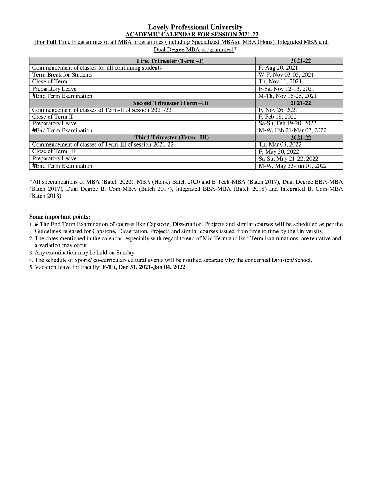 Academic Calendar for MBA Trimester system BBA LPU Studocu