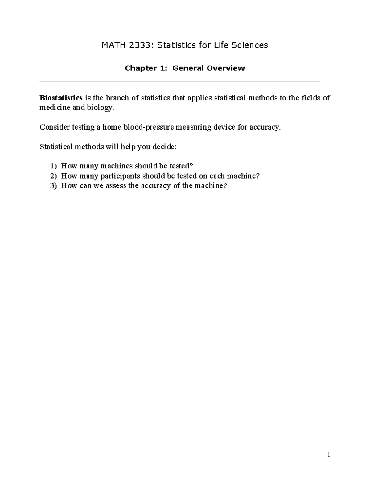 MATH 2333 - Chapters 1 - 3 - MATH 2333: Statistics for Life Sciences ...