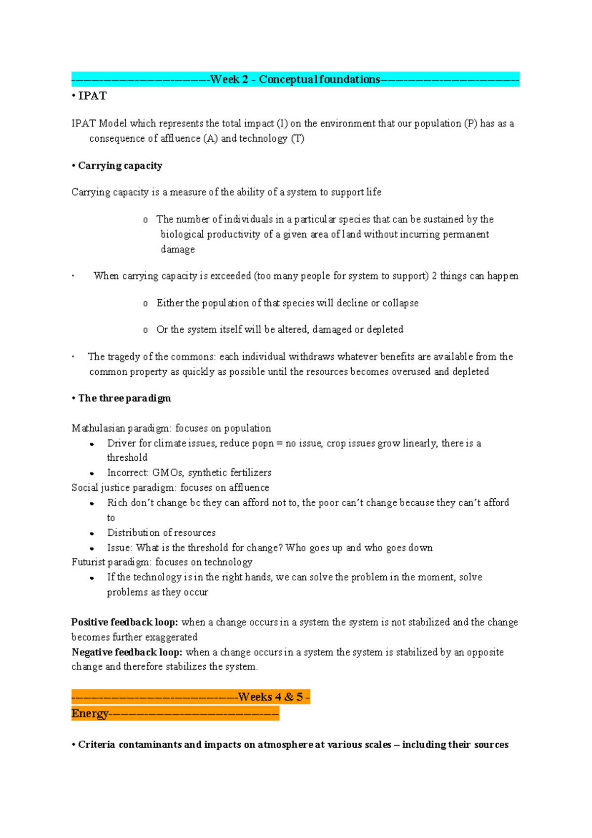 Geo Final Review - Summary Human Impact on the Environment -Week 2 ...