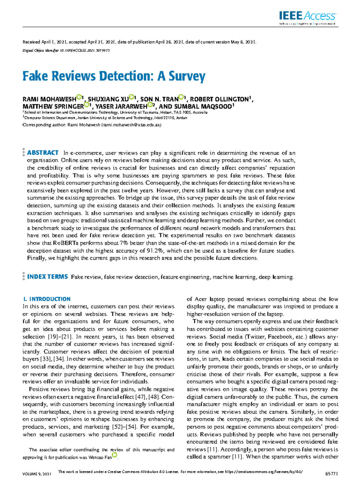 Fake Reviews Detection A Survey - Received April 1, 2021, accepted ...