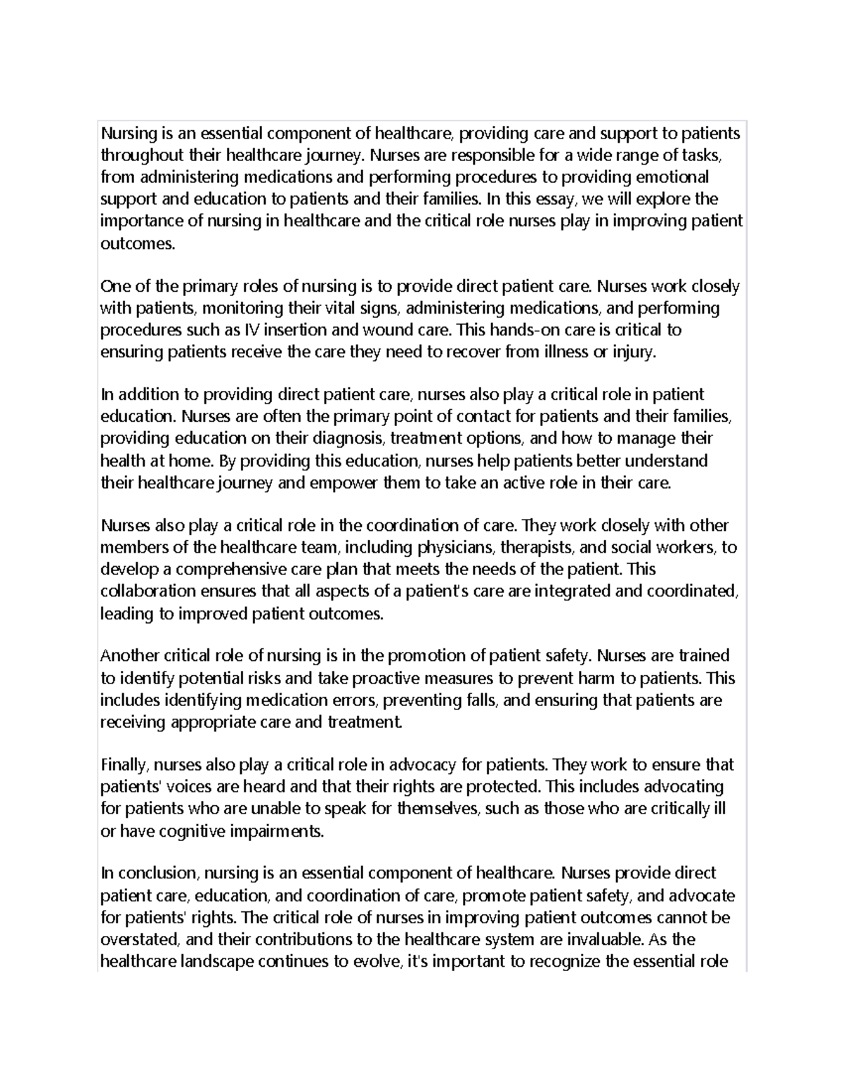 Doc1 - In class assignment leading to essay - Nursing is an essential ...