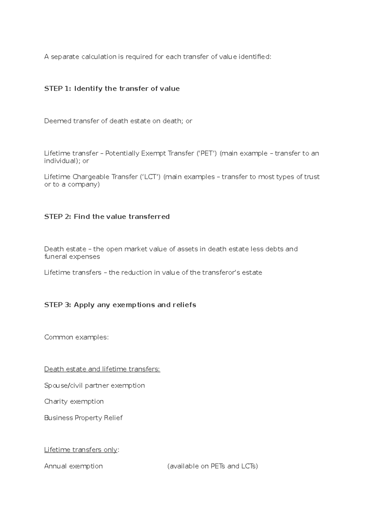 IHT - template calculation - A separate calculation is required for ...