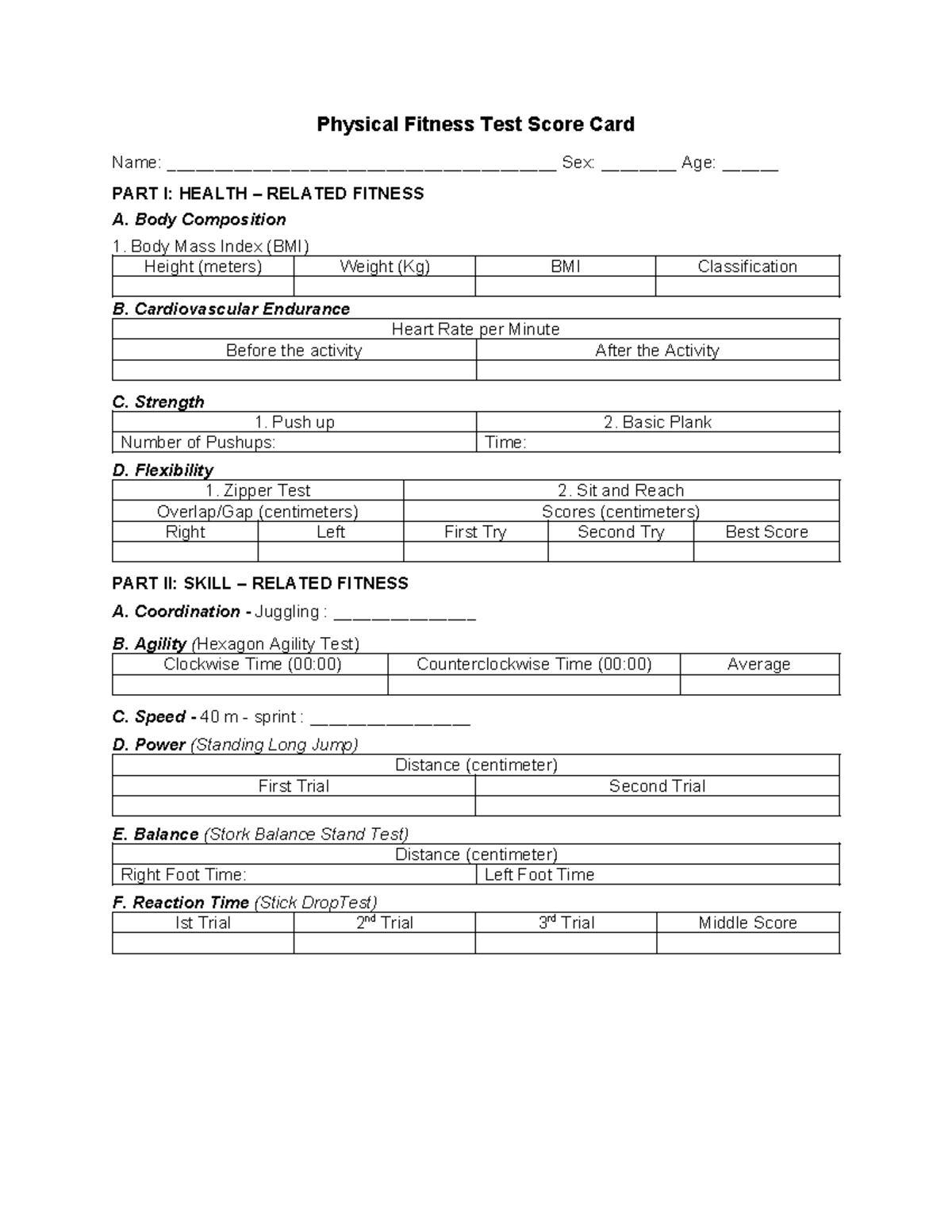 Physical-Fitness-Test - Physical Fitness Test Score Card Name: - Studocu
