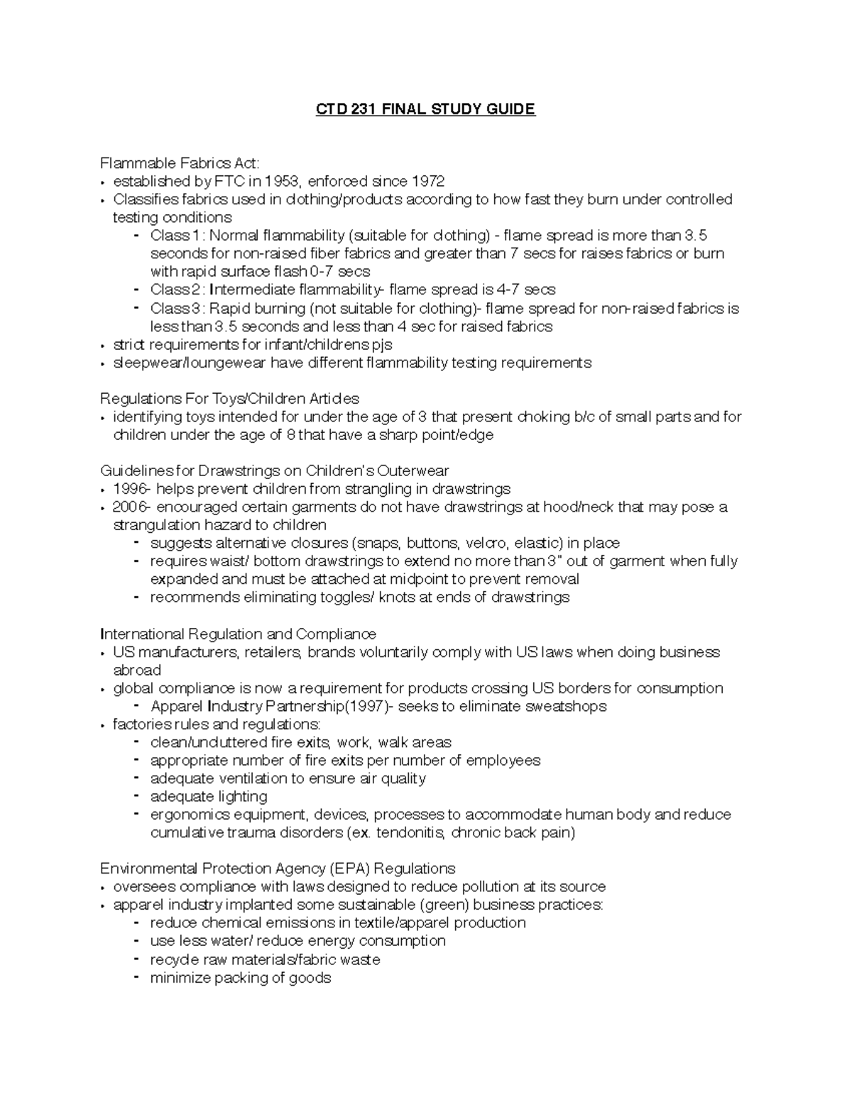 Ctd231 final notes CTD 231 FINAL STUDY GUIDE Flammable Fabrics Act